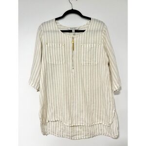Ellen Tracy Linen Striped Tunic Top Beige White Gold Tassel Zip Womens Large